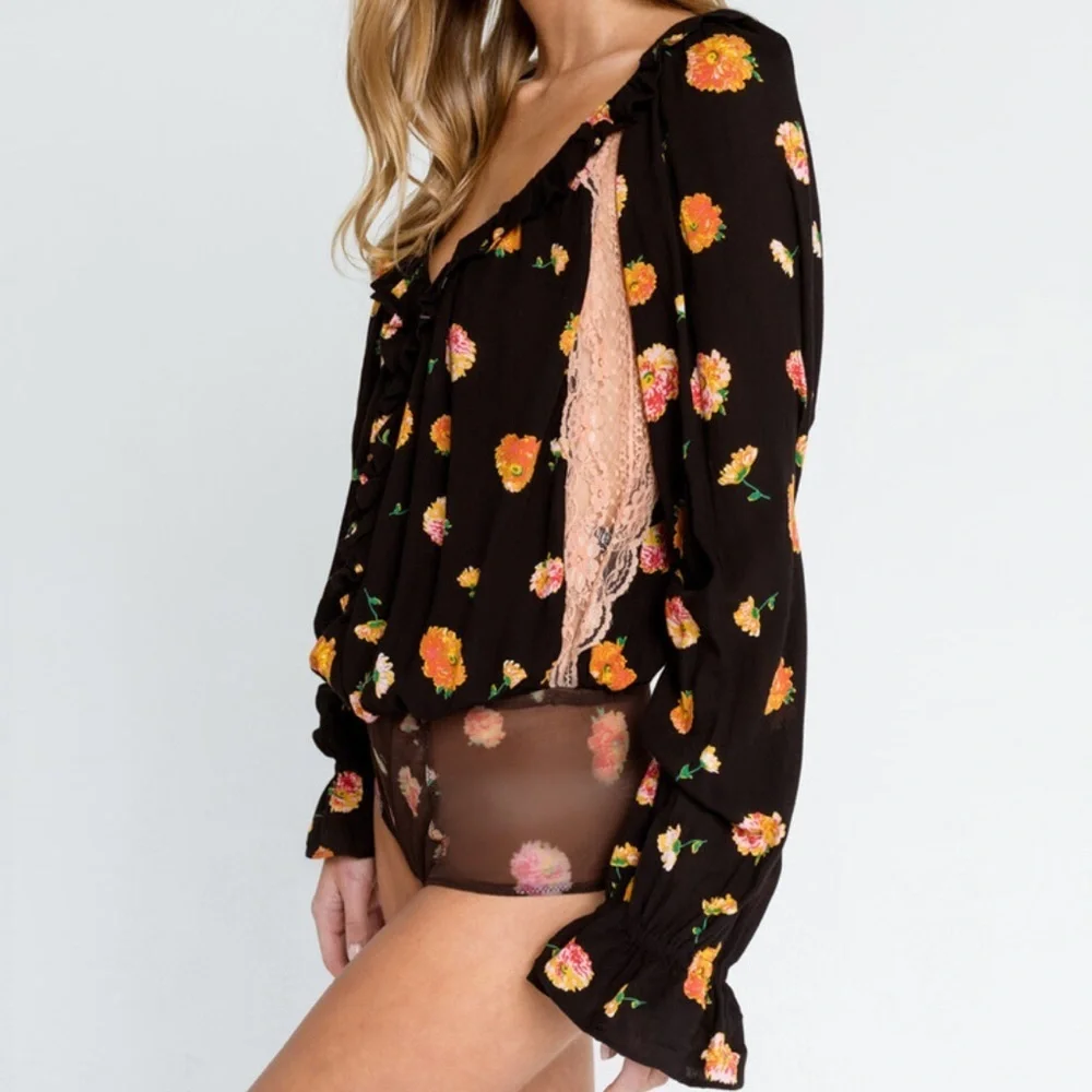 Free People Poppy Printed Black Combo Bodysuit